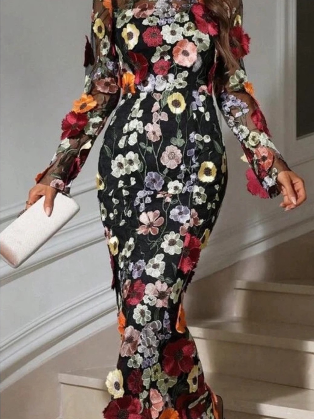 SHEIN Black Long Sleeve Floral Embroidered Mermaid Dress